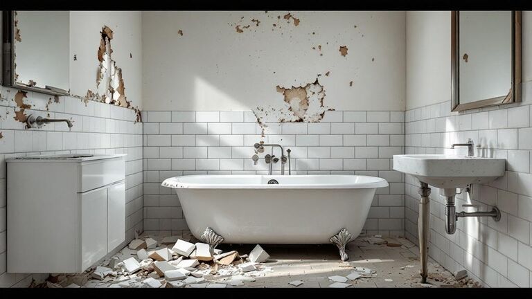 Bathroom demolition in progress with tile and fixtures being removed
