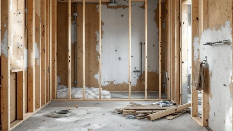 Clean bathroom space stripped down to studs and subfloor ready for renovation