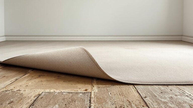 Carpet being pulled up from a bedroom floor revealing subfloor underneath