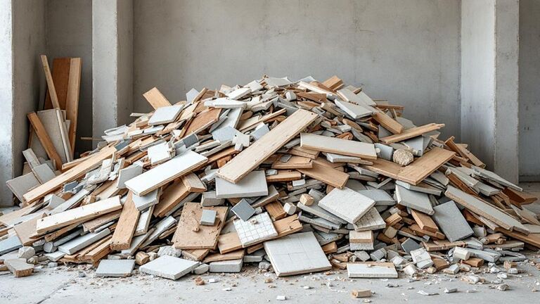 Pile of construction debris including lumber, drywall, and roofing materials at a job site