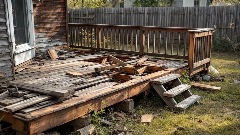 Old weathered deck being torn down by demolition crew