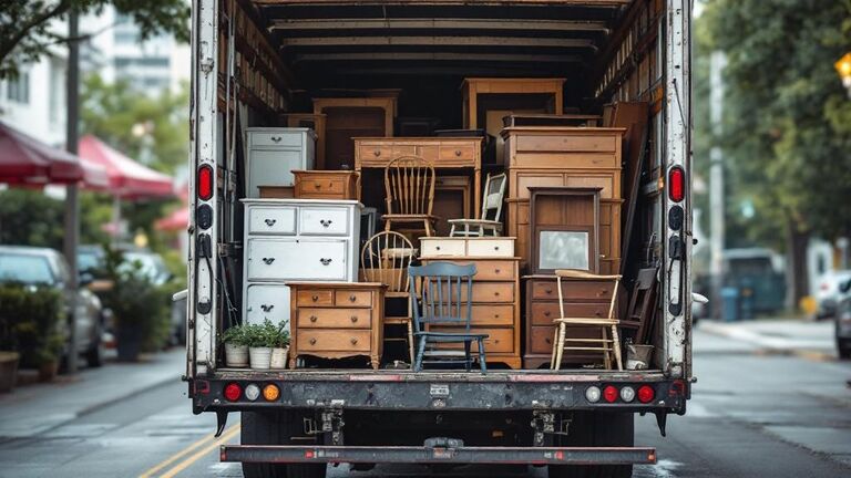Donated furniture stacked and ready for local charities