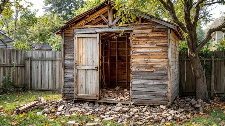 Old deteriorating wooden shed being demolished in a backyard